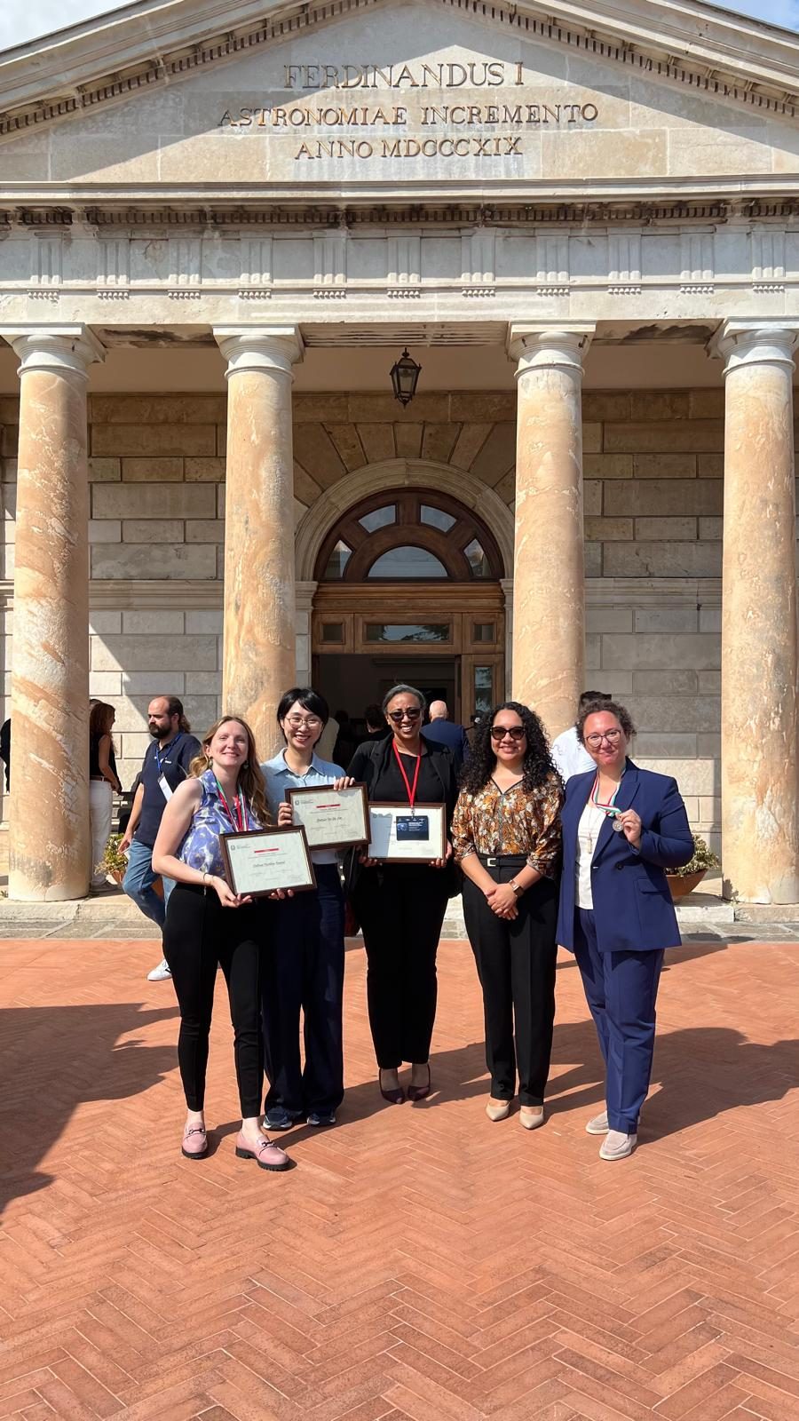 The five 2025 Science, She Says! award recipients in front of the Capodimonte Observatory, Naples
