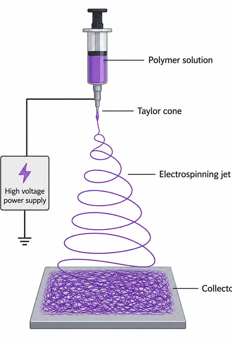 Diagram of the electrospinning process: polymer solution, Taylor cone, electrospinning jet and collector