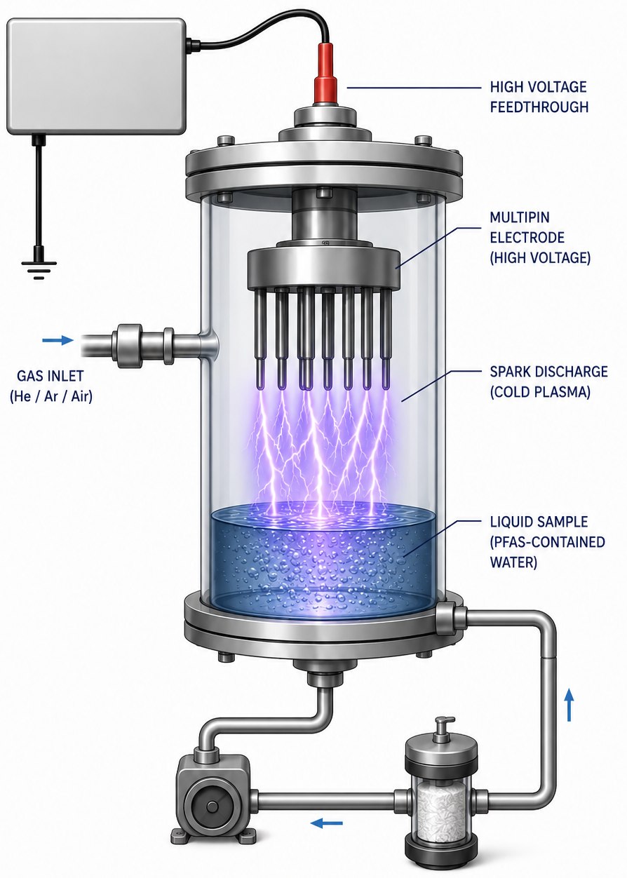 Schematic of the closed cold plasma reactor with multipin electrode and spark discharge over a PFAS-contaminated water sample